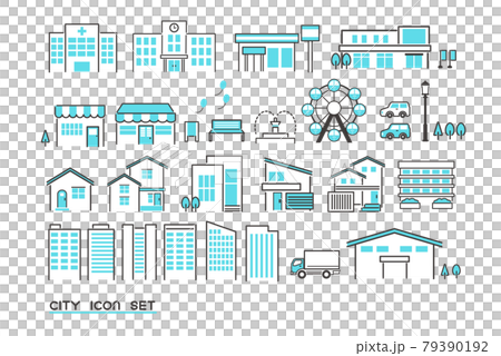 簡單可愛的城市景觀圖標集/矢量圖素材/摘要/醫院/學校 79390192