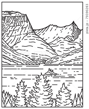 Saint Mary Lake and Wild Goose Island in Glacier National Park Located in Montana United States Mono Line or Monoline Black and White Line Art 79390263