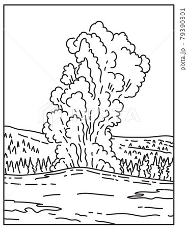 A Cone Geyser Called Old Faithful Located in Yellowstone National Park in Wyoming United States Mono Line or Monoline Black and White Line Art 79390301
