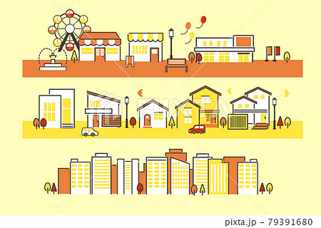 シンプルでかわいい街並みのベクターイラスト素材 秋 夕方 住まいのイラスト素材