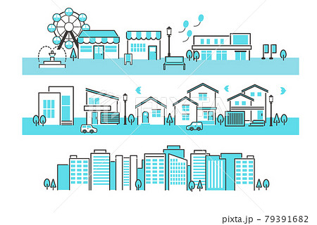 シンプルでかわいい街並みのベクターイラスト素材 ビル 家のイラスト素材