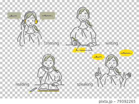 英語を学ぶ女性のシンプルでお洒落な線画イラスト素材 79392265