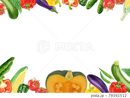 水彩タッチ夏野菜のフレーム 白背景のイラスト素材