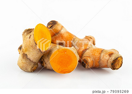 Turmeric powder and turmeric root isolated on white background ,Top view 79393269