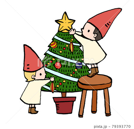 クリスマスツリーの飾り付けをする小人のイラストのイラスト素材