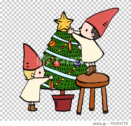 クリスマスツリーの飾り付けをする小人のイラストのイラスト素材