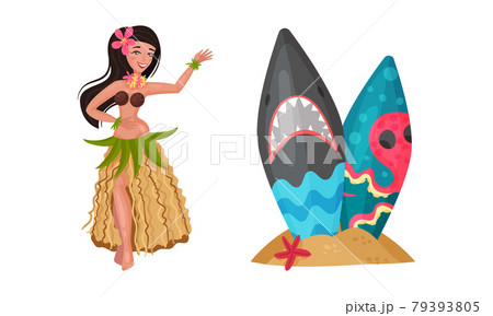Hawaiian Beach Attributes and Tropical Symbols with Dancing Girl and Surfboard in Sand Vector Set Hawaiian Beach Attributes and Tropical Symbols with Dancing Girl and Surfboard in Sand Vector Set 79393805