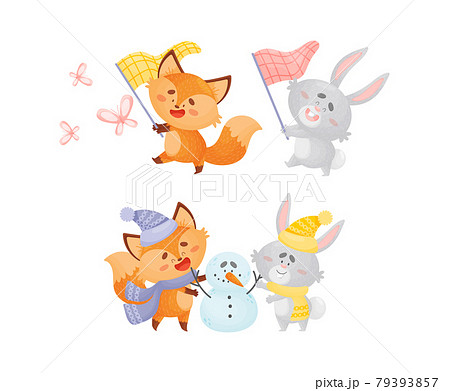 Humanized Fox and Hare Engaged in Different Activity Building Snowman and Catching Butterfly Vector Set Humanized Fox and Hare Engaged in Different Activity Building Snowman and Catching Butterfly Vector Set 79393857