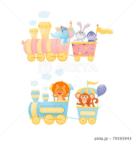 Funny Animals Riding Locomotive or Steam Train Enjoying Journey Vector Set 79393943