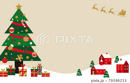 クリスマスのツリーと街並みとサンタのベクターイラスト コピースペース バックグラウンド 背景 のイラスト素材