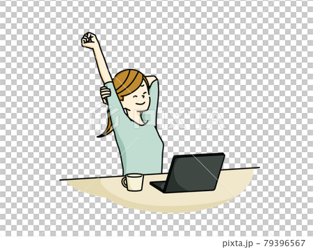 伸びをするパソコン作業中の女性 伸びをするパソコン作業中の女性 79396567