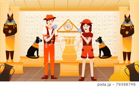 Cute woman and man archaeologist exlore egyptian pyramid, pharaoh tomb in cartoon style with anubis scalpture Cute woman and man archaeologist exlore egyptian pyramid, pharaoh tomb in cartoon style with anubis scalpture 79398749