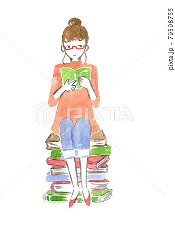 本に座って読書する女性 水彩イラストのイラスト素材