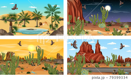 Different scenes with desert forest landscape with animals and plants Different scenes with desert forest landscape with animals and plants 79399334
