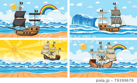 Set of different beach scenes with pirate ship 79399679