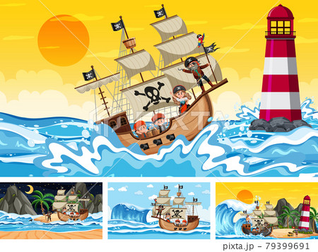 Set of different beach scenes with pirate ship Set of different beach scenes with pirate ship 79399691