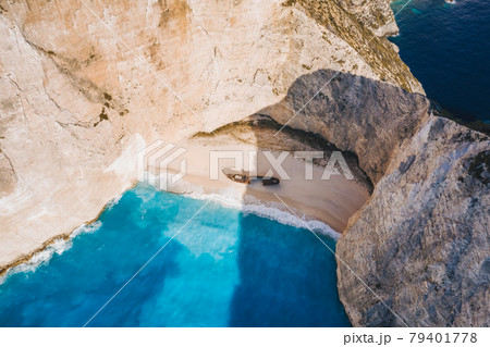 Aerial view of Shipwreck in epic Navagio beach bay on Zakynthos Island, Greece. Summer vacation travel concept 79401778