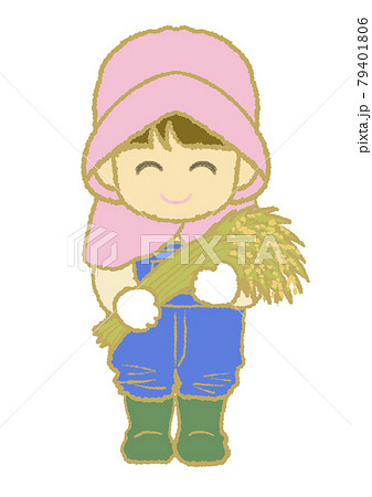 収穫した稲を持つ農業女子のイラスト素材 [79401806] - PIXTA