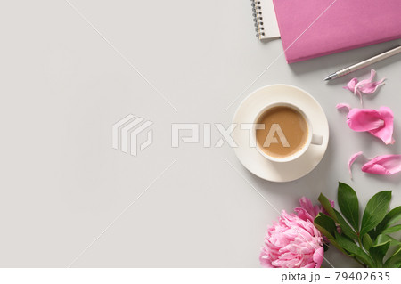 Creative female mockup with coffee cup, peony flowers, sketchbook for planning. 79402635