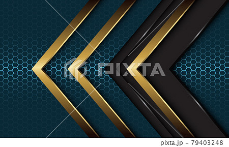 Abstract grey metallic gold arrow direction overlap on dark blue steel hexagon mesh design modern luxury futuristic background vector illustration. Abstract grey metallic gold arrow direction overlap on dark blue steel hexagon mesh design modern luxury futuristic background vector illustration. 79403248