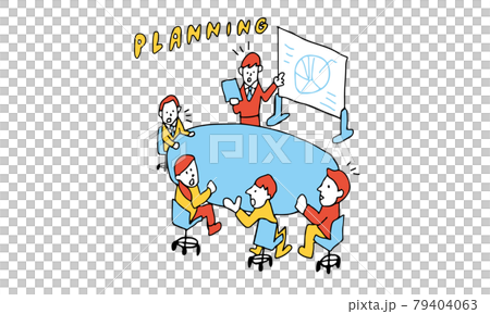 ディスカッションしながらチームでプランニングしている会議の様子 79404063