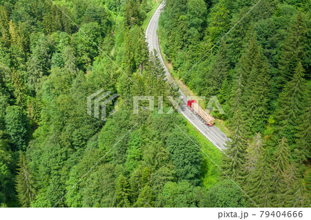 Aerial view of winding road in the forest 79404666