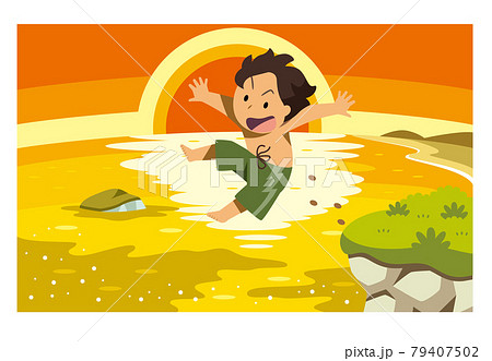海と夕日と子供のイラスト素材のイラスト素材