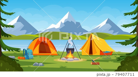 Summer camp in forest with bonfire, tent, backpack and lantern. Summer camp in forest with bonfire, tent, backpack and lantern. 79407711