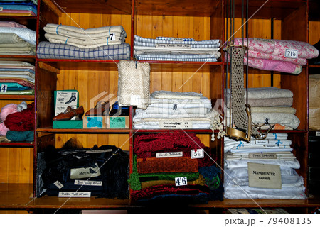 Vintage textile shop in Beamish Village - United Kingdom 79408135