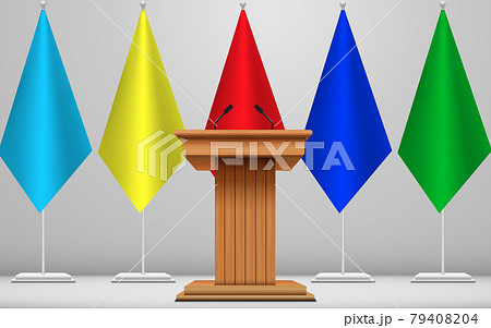 wooden announcement podium and microphone on the colorful flags background wooden announcement podium and microphone on the colorful flags background 79408204
