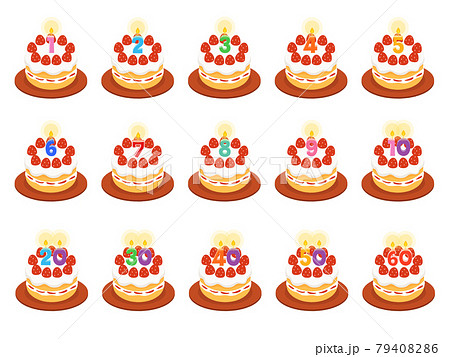 数字のキャンドルと誕生日ケーキのイラストセットのイラスト素材