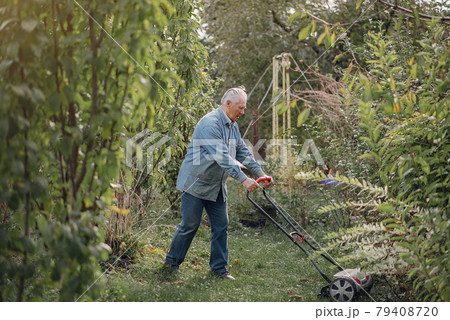 Senior mows the grass in the yard with a lawn mower Senior mows the grass in the yard with a lawn mower 79408720