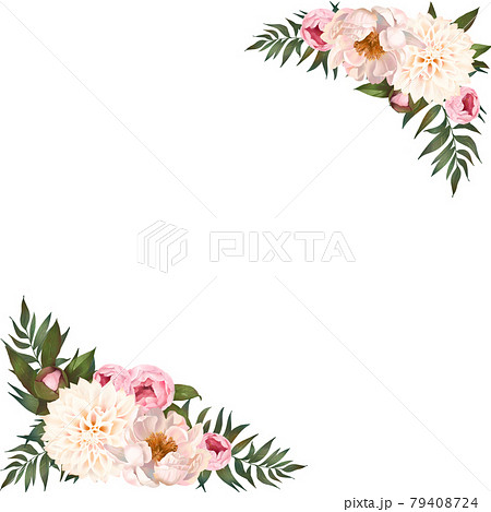 優しい色使いの薔薇と牡丹とダリアの花と植物の白バックフレームイラスト素材のイラスト素材
