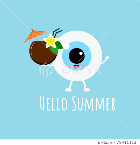 Cute eye ball emoji with hawaii coconut cocktail wit umbrella and flower. 79411152