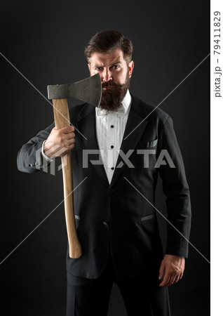 To shave or not to shave. Bearded man hold axe.  79411829