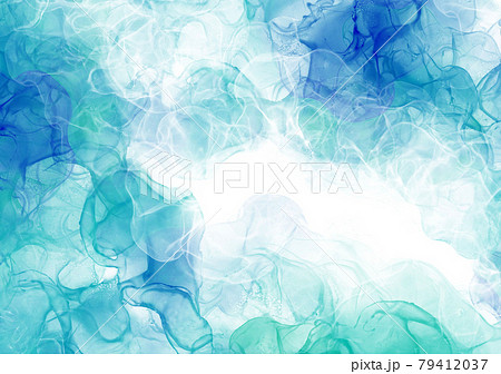 背景 テクスチャ アルコールインク 水彩 アート ラメ グリッター 金粉 青 エメラルドブルーの写真素材