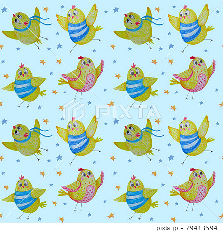 Seamless pattern with cute chickens. Funny yellow birds in striped T-shirts, run, flap their wings and fly on a blue background with stars. Watercolor illustration. Childrens collection for design 79413594