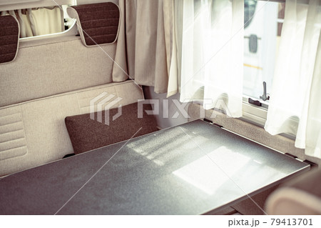 Trailer or car house on wheels in an mobile home. Interior inside table, armchairs 79413701