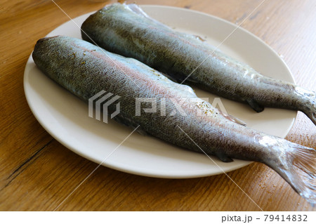 Two fish are on a plate in the kitchen. Two fish are on a plate in the kitchen. 79414832