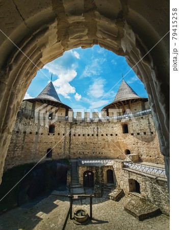 Soroca Fortress view from inside. Ancient military fort, historical landmark located in Moldova. Old stone walls fortifications, towers and bastions of medieval citadel 79415258