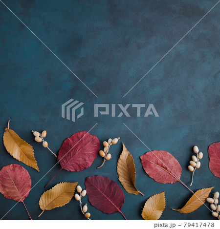 Autumn floral design greeting card of dried leaves Autumn floral design greeting card of dried leaves 79417478