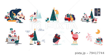 Set of Male and Female Characters Prepare for Christmas and New Year Holidays Celebration Happy Family Decorate Fir Tree 79417744