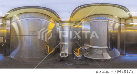 Spherical panoramic photograph of the inside of a public toilet 79420175