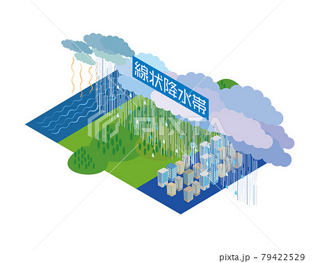 豪雨災害　線状降水帯のアイソメトリックイラスト 79422529