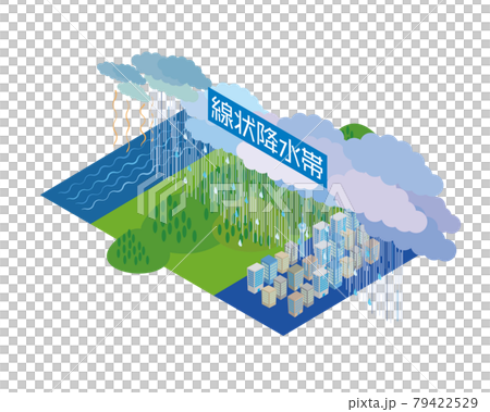豪雨災害　線状降水帯のアイソメトリックイラスト 79422529