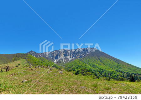快晴の空と新緑の山 国立公園 大山を豪円山のろし台から望む 79423159