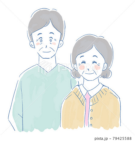 笑顔で並ぶ高齢者夫婦 シニア のイラストのイラスト素材
