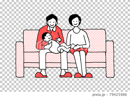 ソファに座る仲良し家族のイラスト素材