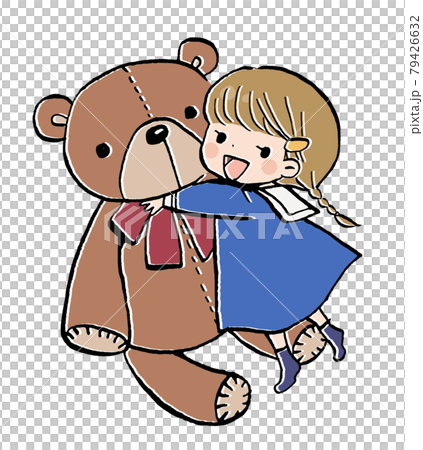 くまのぬいぐるみに抱きつく女の子のイラストのイラスト素材