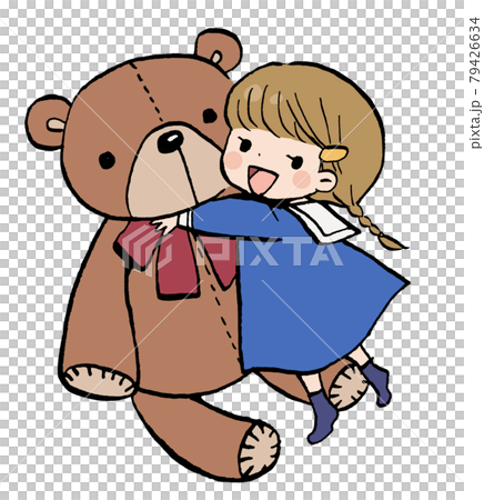 くまのぬいぐるみに抱きつく女の子のイラストのイラスト素材